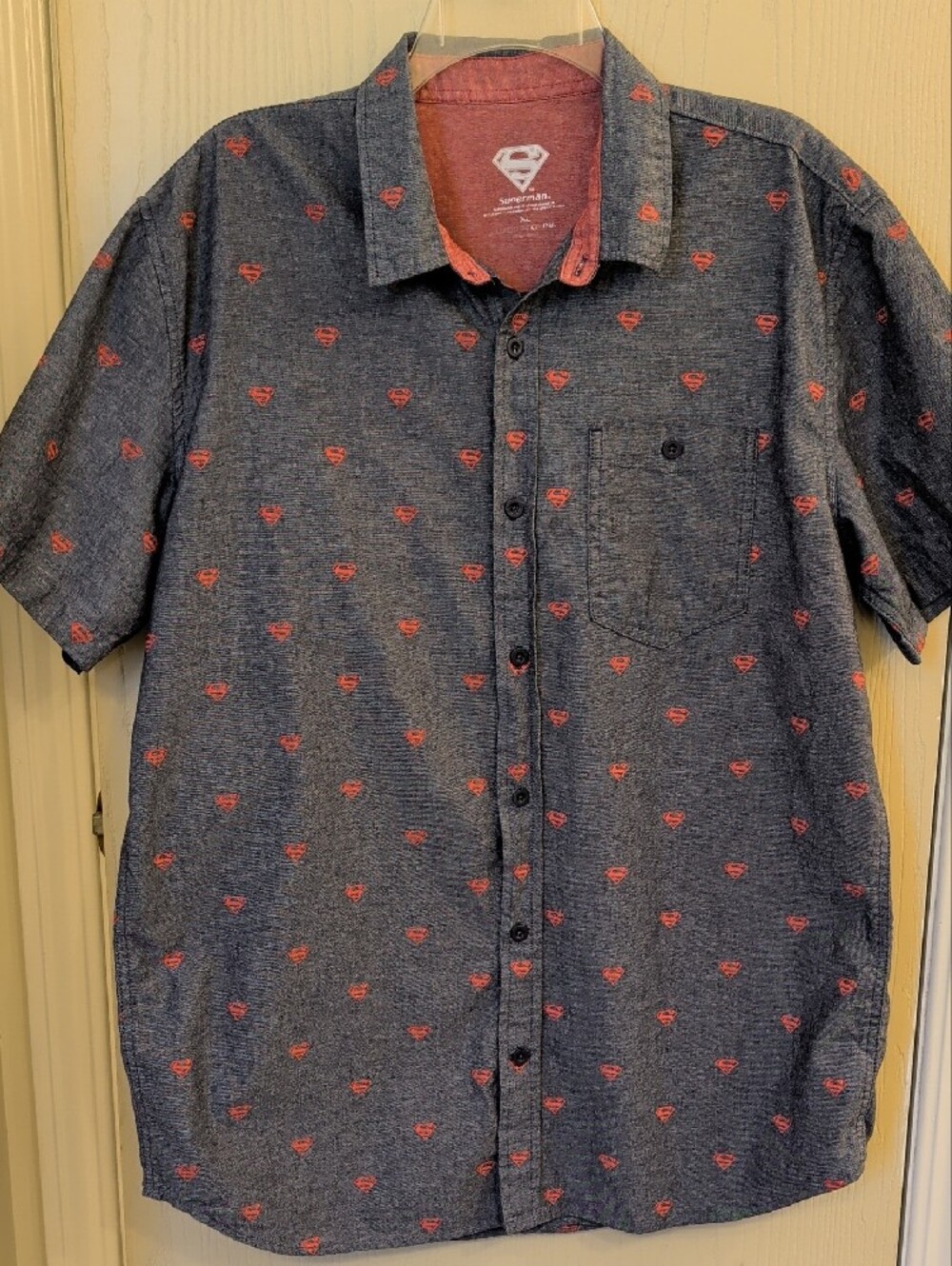 DC Comics Superman Logo Button-Up Shirt Men's XL Navy Short Sleeve Cotton